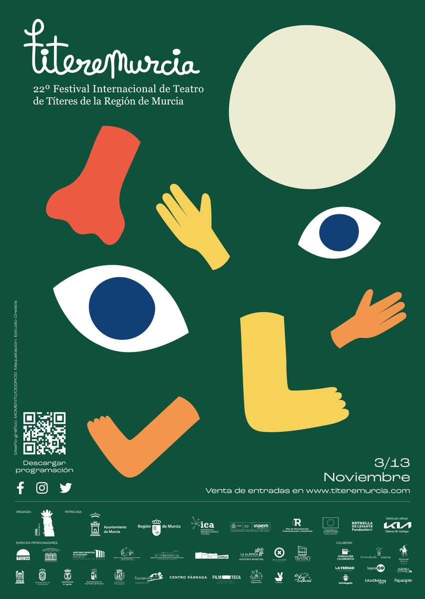 El viernes empezamos #Titeremurcia2023 ✨💖

Del 3 al 13 de noviembre llega a los espacios, teatros, auditorios y calles de la Región de Murcia, la 22ª edición del Festival Internacional de Teatro de Títeres de la Región de Murcia

Descarga la programación titeremurcia.com/wp-content/upl…