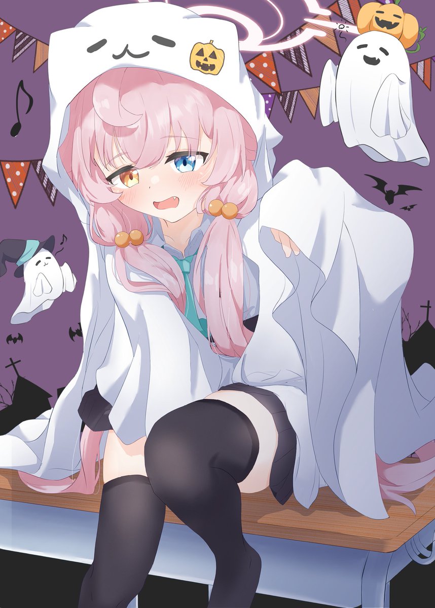 hoshino (blue archive) 1girl ghost costume halo halloween pink hair thighhighs solo  illustration images