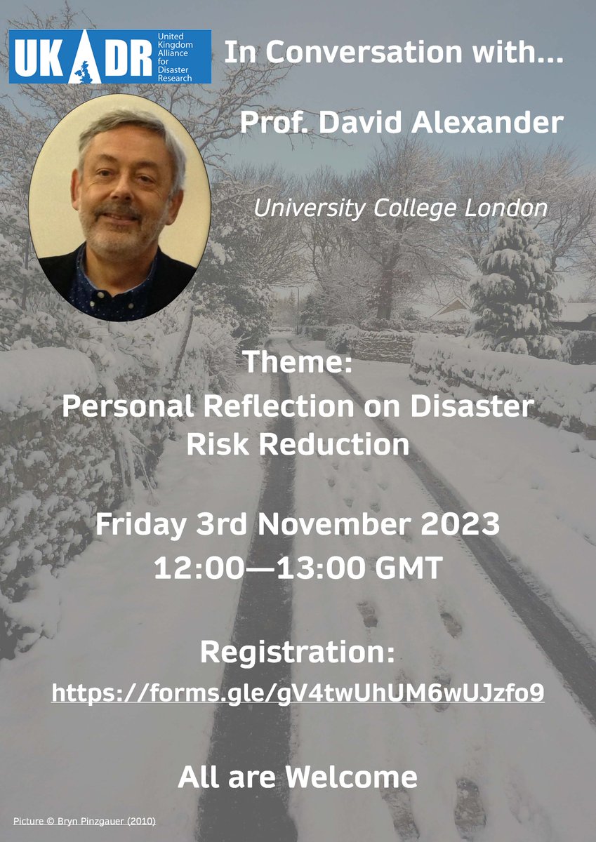 UCL Risk and Disaster Reduction (@uclrdr) on Twitter photo Join the <a href="/UK_ADR/">UKADR</a> in conversation with @UCLIRDR's Professor David Alexander, for a "Personal Reflection on #Disaster #Risk Reduction".
Open to anyone interested in disaster scholarship but registration is required: bit.ly/3Qgj7VL
🗓️ 3rd November
⏰ 12:00 - 1:00 PM GMT Join the <a href="/UK_ADR/">UKADR</a> in conversation with @UCLIRDR's Professor David Alexander, for a "Personal Reflection on #Disaster #Risk Reduction".
Open to anyone interested in disaster scholarship but registration is required: bit.ly/3Qgj7VL
🗓️ 3rd November
⏰ 12:00 - 1:00 PM GMT