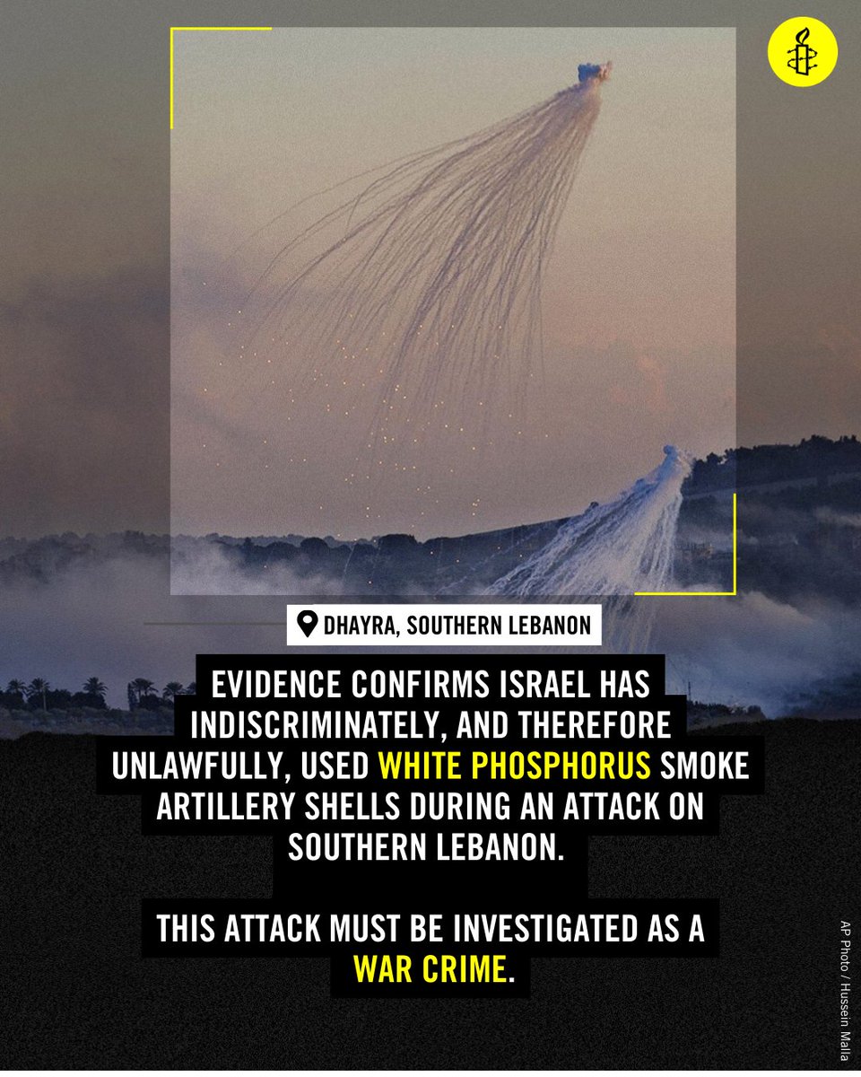 A new Amnesty investigation has found that the Israeli army indiscriminately, and therefore unlawfully, used white phosphorous in an attack on Dhayra in south Lebanon on 16 October. 

The attack must be investigated as a war crime.
