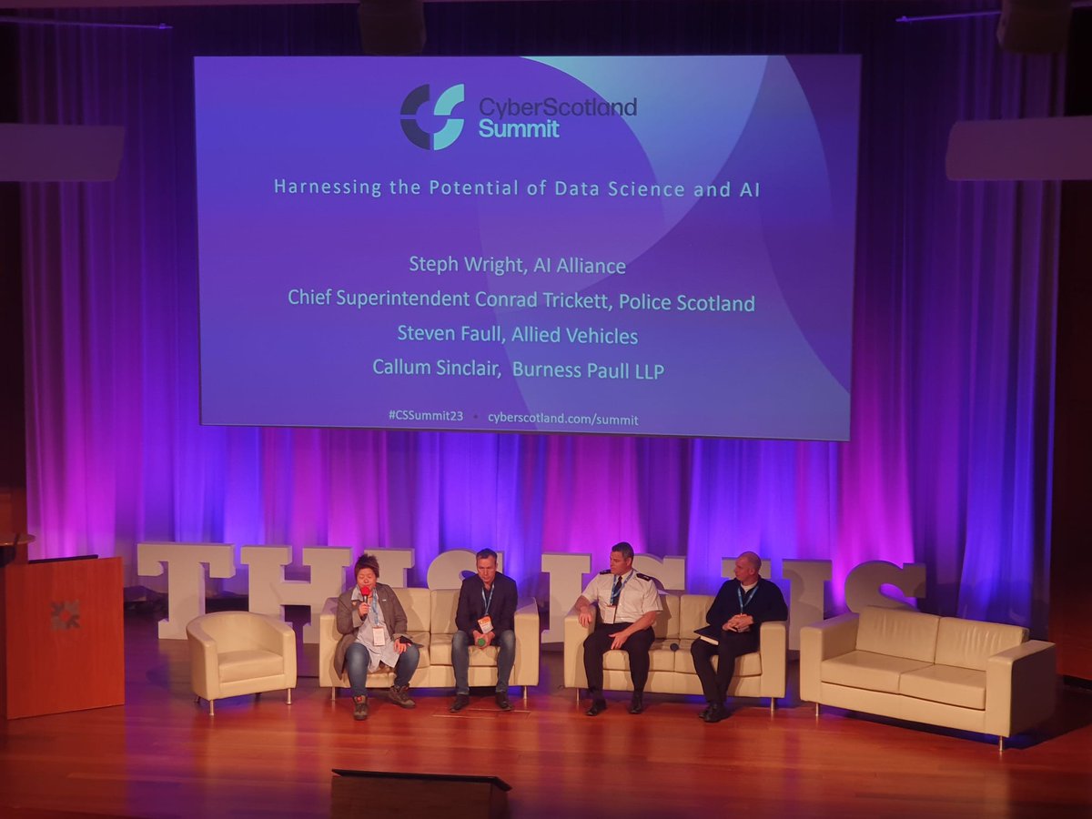 CyberResScot's tweet photo. Who better to invite and discuss all things AI than Head of @Scottish_AI, @elmosmoe. Joined on stage by @stevenfaull of @AVGroupUK, @callumsinclair2 and Conrad Trickett of @PoliceScotland. #CSSummit23 https://t.co/XMqA74d92P