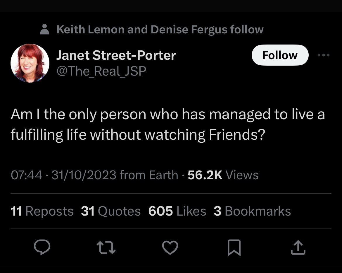 Says her one who regularly appears on moany shitefest Loose Women 🙄🙄🙄 I cannot roll my eyes high enough with this kind of smug comment.  #RIPMatthewPerry