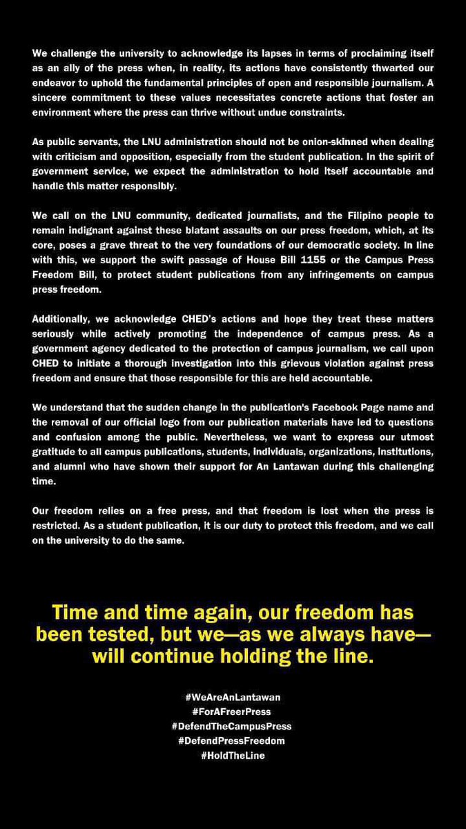 rapplerdotcom's tweet photo. On Monday, October 30, An Lantawan officially released a statement calling out the LNU administration for asserting an accreditation process on the campus paper that would potentially risk its editorial independence.

(Photos from An Lantawan) | via @TheJohnSitchon https://t.co/pwDi5qB4L9