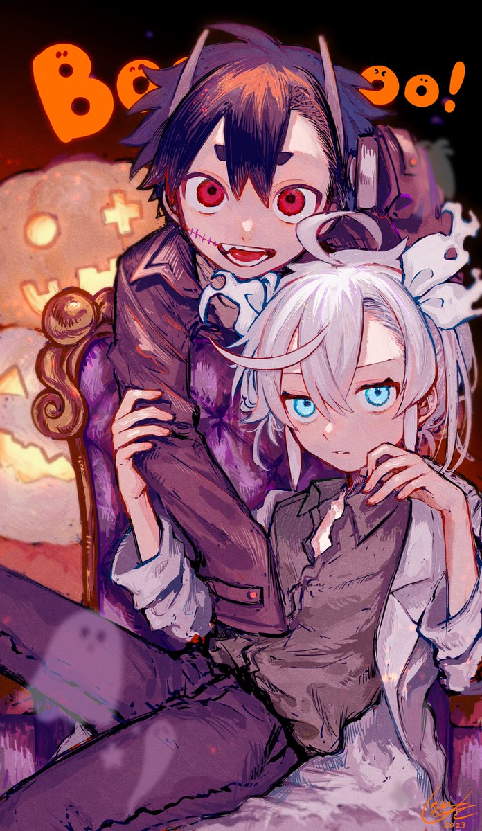 2boys red eyes multiple boys blue eyes male focus black hair white hair  illustration images