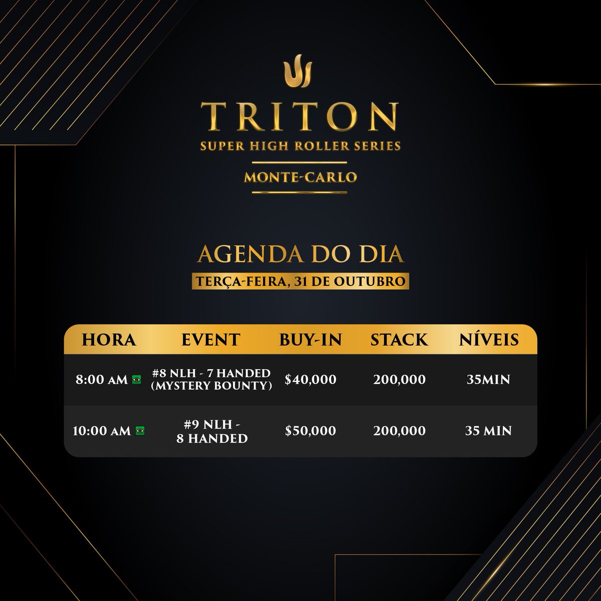 Hoje segue a ação da Triton Poker Series Monte-Carlo 🔥🔥 

Aqui está o cronograma 📆