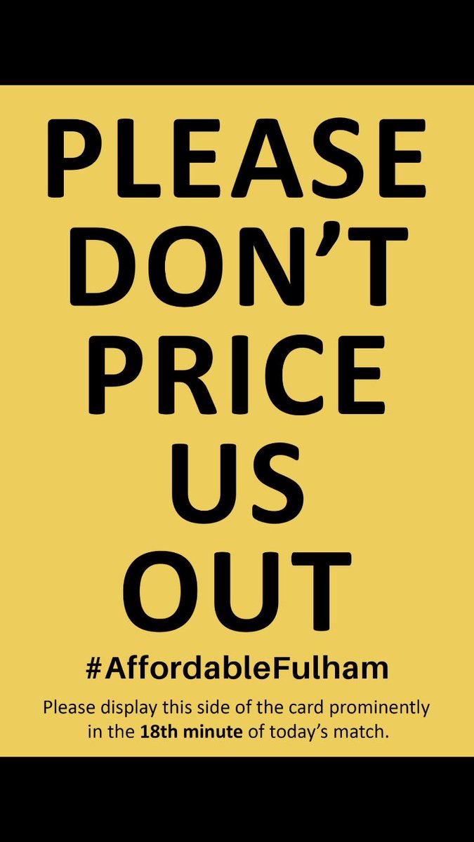 #FFC fans ⁦holding up these yellow cards on Saturday in protest at increase in ticket prices. <a href="/FulhamSuppTrust/">Fulham Supporters’ Trust</a>⁩