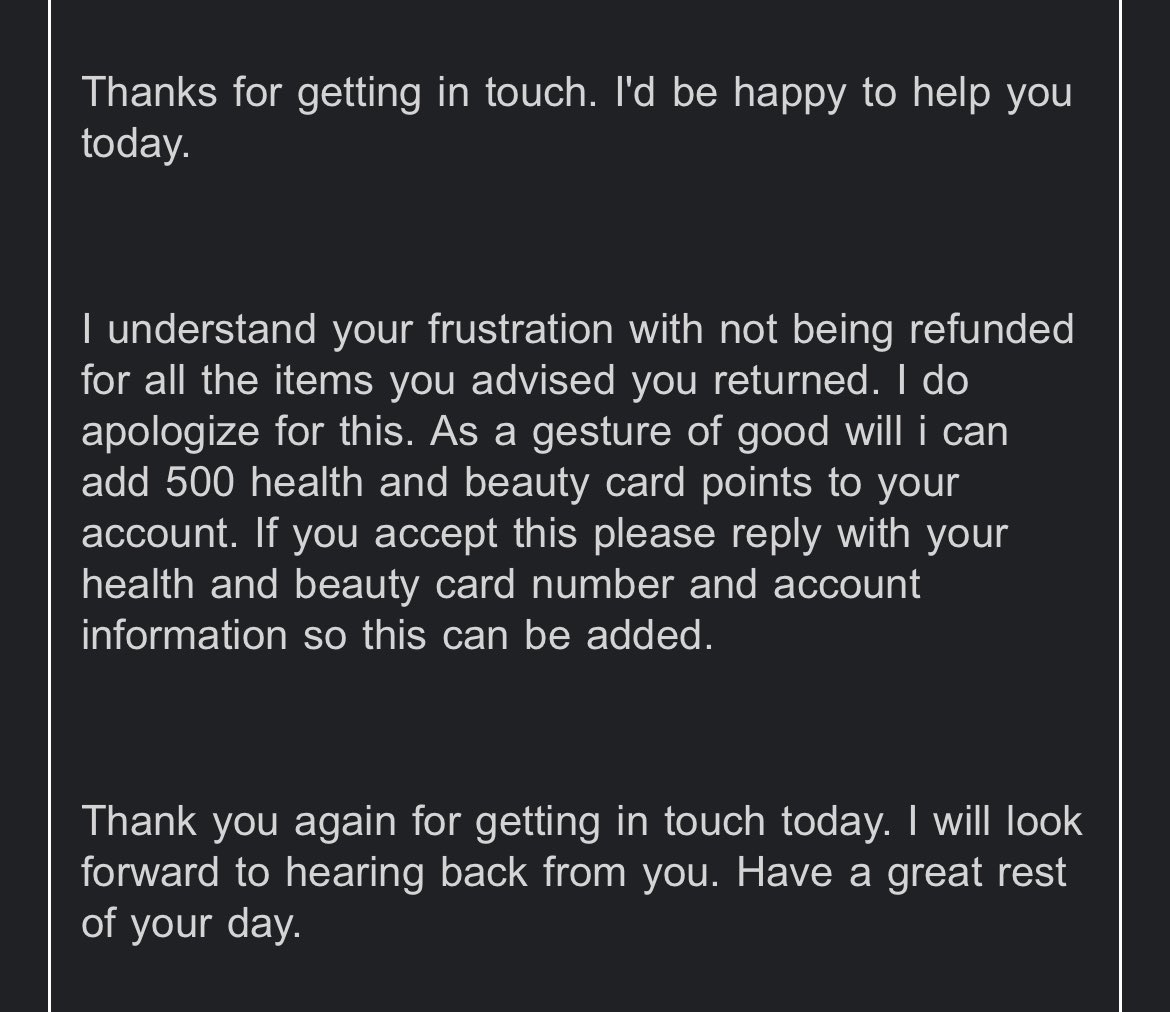 Yeah course <a href="/superdrug/">Superdrug</a> I’d love to exchange £220 return with tracking and proof of delivery for £5 after 6 weeks of you not processing - constantly suggesting I should seek third party companies  to challenge you on my behalf - no offer to reconcile rock in your warehouse - joker