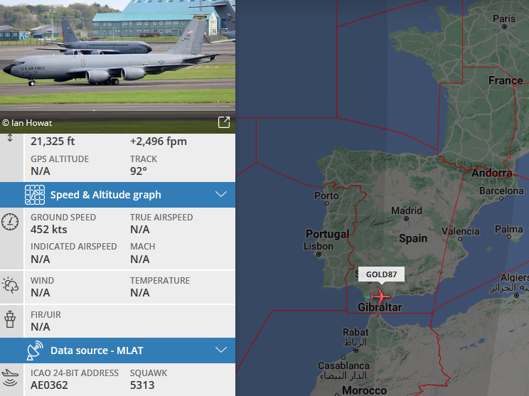 SirListenalot's tweet photo. ~0500z #KC135 #AE0362 #GOLD87 out of Rota. 
~0915z GOLD87 at FL200 dragging "DM" #A10's as #TABOR93 out of Sigonella https://t.co/ZqiIa1dxTL