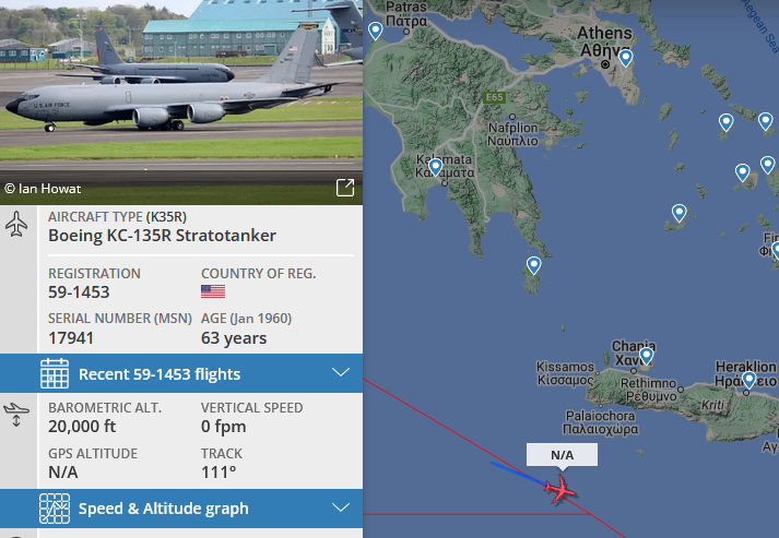 SirListenalot's tweet photo. ~0500z #KC135 #AE0362 #GOLD87 out of Rota. 
~0915z GOLD87 at FL200 dragging "DM" #A10's as #TABOR93 out of Sigonella https://t.co/ZqiIa1dxTL