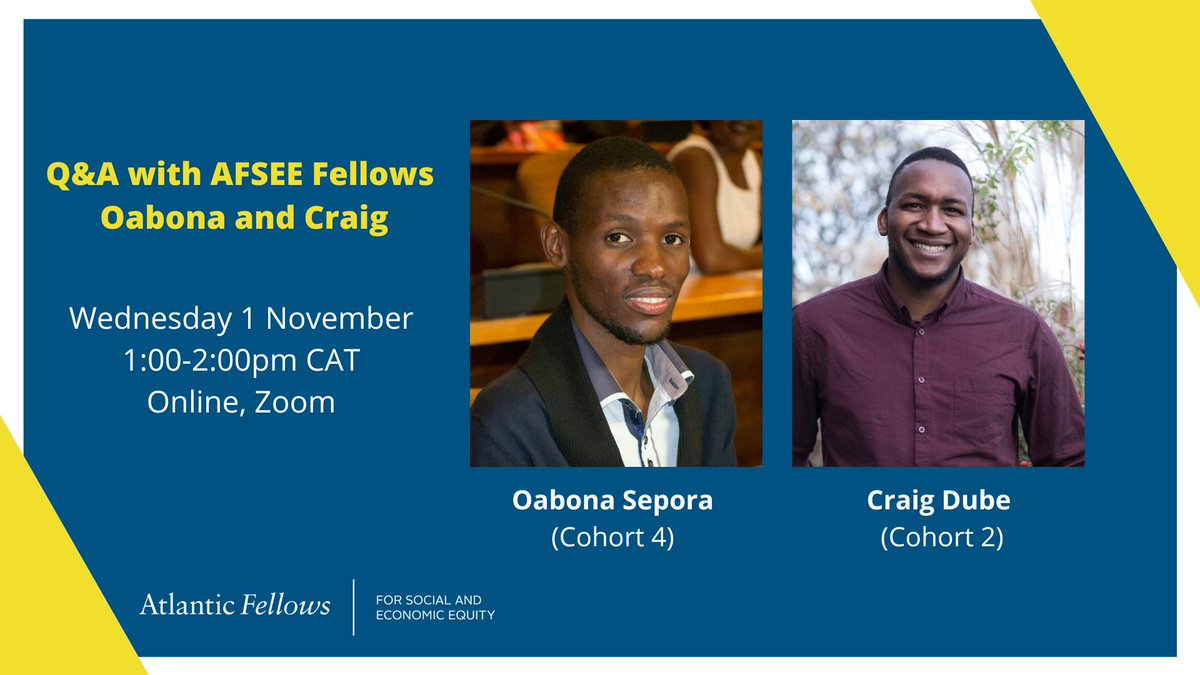Last chance to register for the Zoom Q&amp;A Session with our Fellows Oabona and Craig, where they will discuss and answer questions about the AFSEE #fellowship experience!  

✏️Register here: bit.ly/3tJGJdy