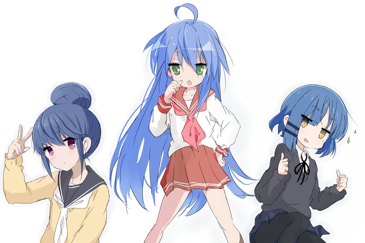 izumi konata ,shima rin hair color connection ryouou school uniform blue hair school uniform 3girls multiple girls sailor collar  illustration images