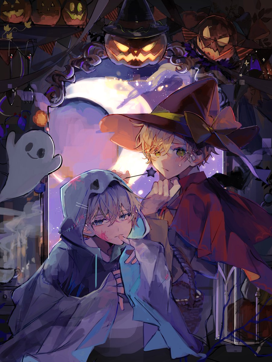 multiple boys 2boys blonde hair witch hat hat halloween male focus  illustration images