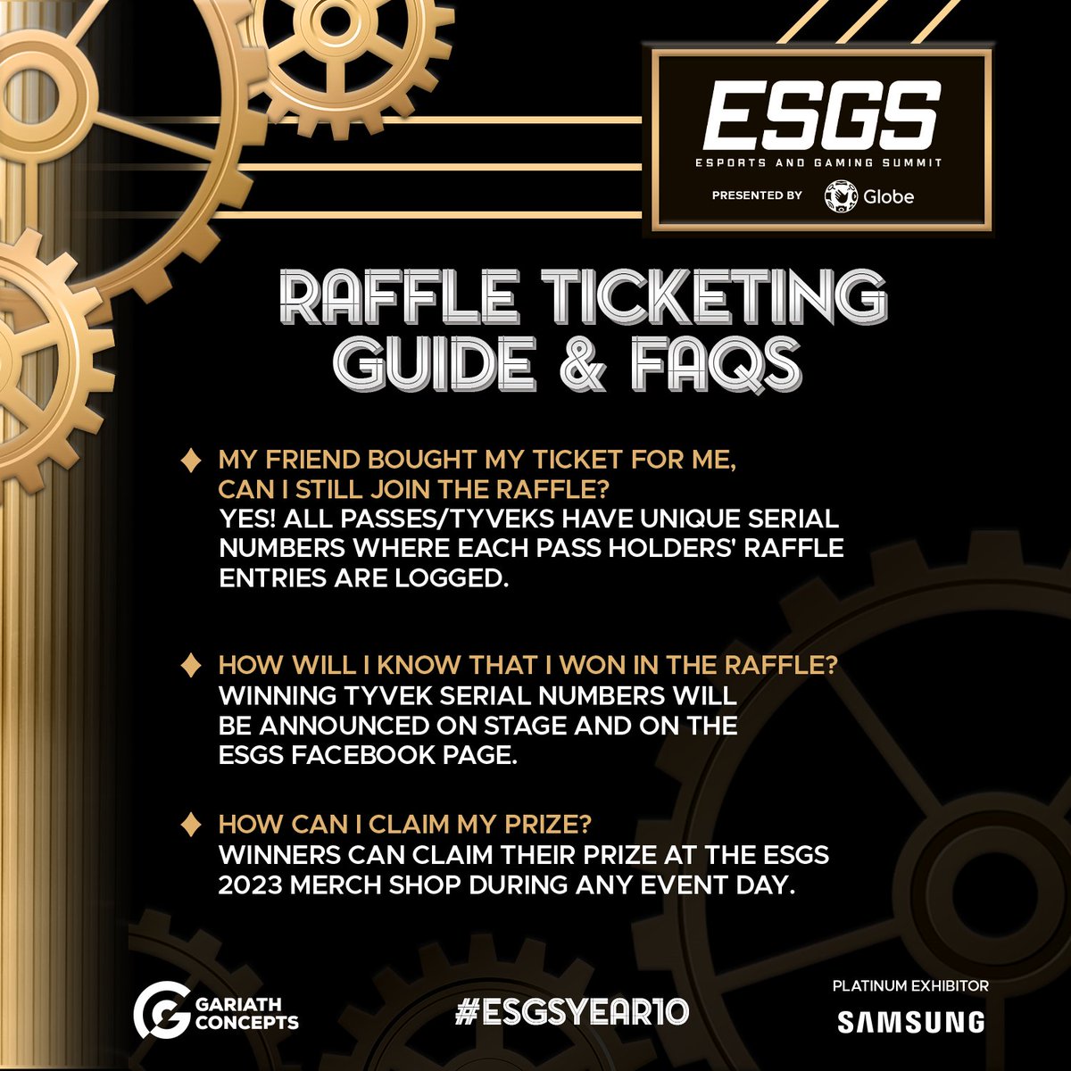 Sooooo, we posted about the #ESGS2023 Ticket Raffle but we admit there were a few details that got left out. Don't fret because here's all you need to know regarding the mechanics!

Get a chance to win amazing prizes this Nov 3-5, 2023 in WTC, Pasay City.