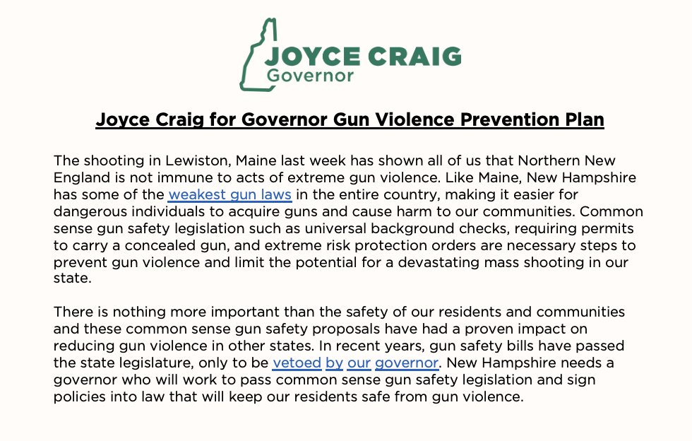 JoyceCraigNH's tweet photo. Last week's tragedy in Lewiston reiterated that our communities are not immune to senseless gun violence. We can’t let this continue. As Governor, I'll work with law enforcement and elected officials to enact a gun violence prevention plan that is proven to save lives #NHPolitics https://t.co/JArQyVnUEr