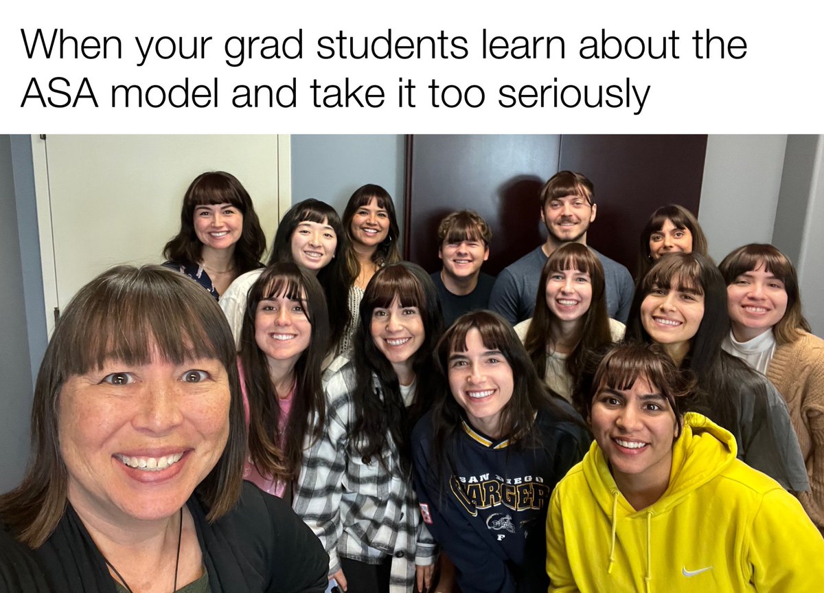 iopsychmemes's tweet image. My grad students got me good in seminar yesterday: they wore clip-on bangs and dressed up as me for Halloween! Maybe I shouldn’t have taught them about the ASA model? 
#BestStudents #OHPsych #IOPsych #iopsychmemes #psychology #psychologymemes #psychmemes #APpsych
