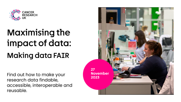CRUKresearch's tweet photo. FAIRify your data to empower your research!
Join us for our #MakingDataFAIR webinar on 27 November to learn how to make #ResearchData findable, accessible, interoperable and reusable.
Secure your spot today and submit your Qs: https://t.co/NLhx40NEP2
#CRUKDataSeries https://t.co/hPzlBpCx8p