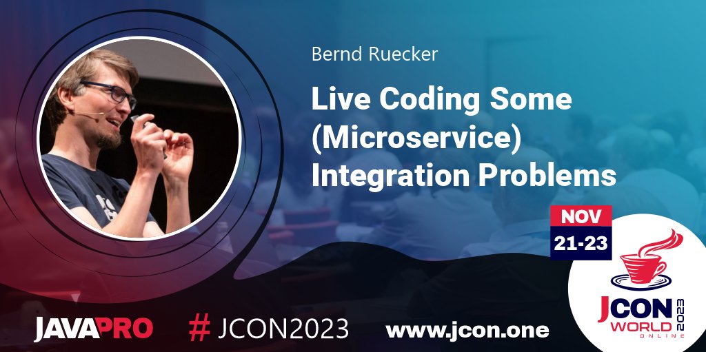 jcon_conference's tweet image. See @berndruecker/ at #JCON2023 WORLD ONLINE  talking about 'Live Coding Some (#Microservice) Integration Problems'

Basically every (micro)service within an organization needs to communicate with other services to do what …

Get your free #JUG Ticket: jcon.one
