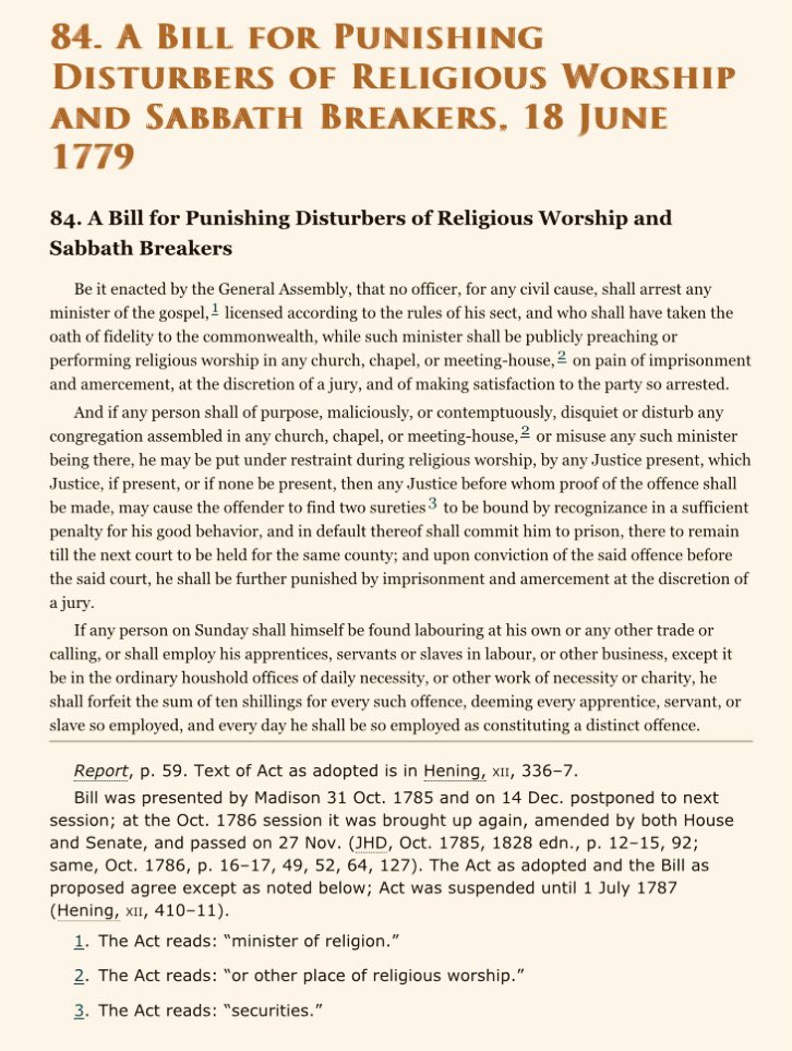 d3bach's tweet photo. 31 October 1785:  #JamesMadison introduced in the Virginia legislature bills from Virginia’s revised code, framed by #ThomasJefferson, that authorized “Punishing Disturbers of Religious Worship and Sabbath Breakers” and “Appointing Days of Public Fasting and Thanksgiving.” https://t.co/RKKm9yNwdP