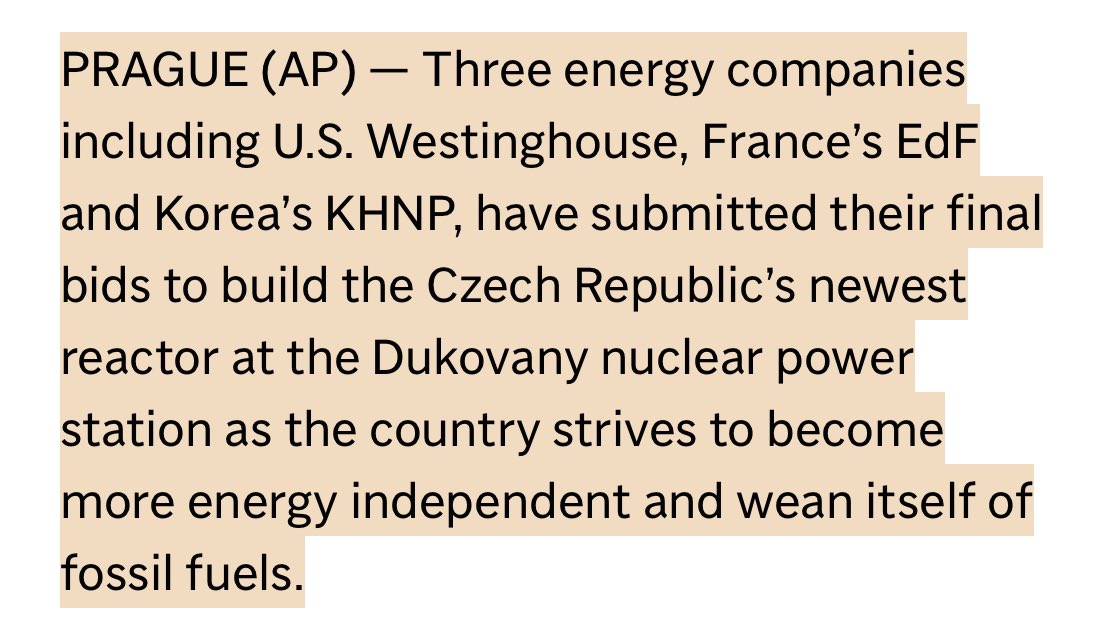 Three companies are competing to build a nuclear reactor in the Czech Republic 🇨🇿☢️ 🇺🇸 US Westinghouse 🇫🇷 France’s EDF 🇰🇷 Korea’s KHNP 📅 The state-run utility will assess the bids before seeking gov’t approval. Goal is to have reactor online by 2036 apnews.com/article/czech-…