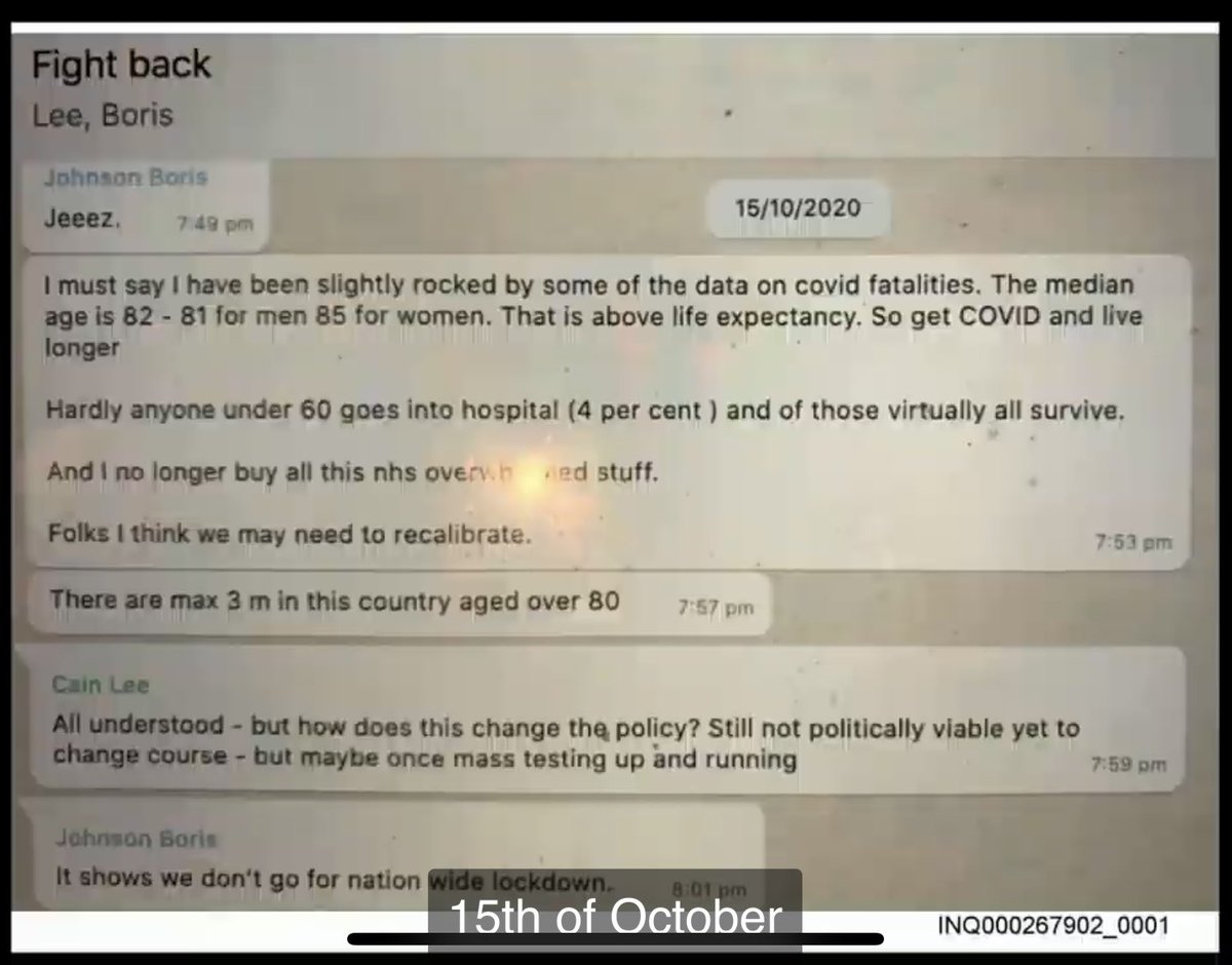 🚨 This is one of the most damning of the messages to be revealed so far in the #CovidInquiry. Boris Johnson texts to say median age of those dying is 82 - “above life expectancy. So get Covid and live longer”. He therefore rules out a second nationwide lockdown.