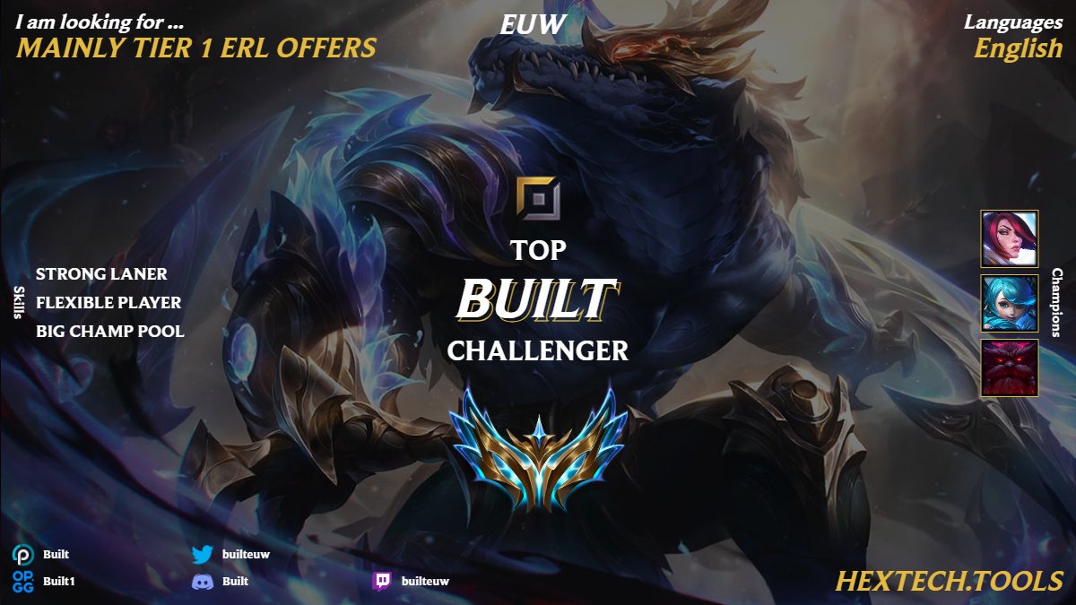 Hello I'm Built and im officially LFT! I'm an ex-rank 1 player looking to get into competitive play Got Challenger easily with 0 Riven games (acc in replies) Mainly looking for Tier 1 ERL offers & tryouts. Contact me in Twitter DM's or Discord 'Built' Likes & RT's appreciated!