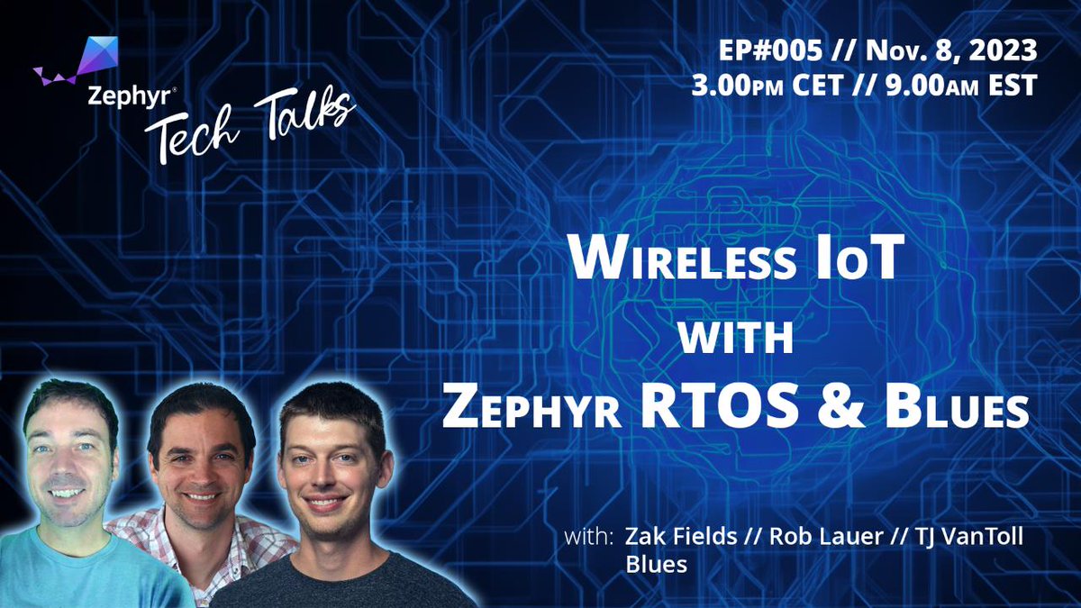 Join us for our next @ZephyrIoT #TechTalk on Nov. 8 at 6 am PST/9 am EST. @kartben chats about all things wireless #IoT with Zak Fields, @RobLauer & @tjvantoll from @buildwithblues! Subscribe to the livestream here: hubs.la/Q0276L600 #ZephyrRTOS #opensource