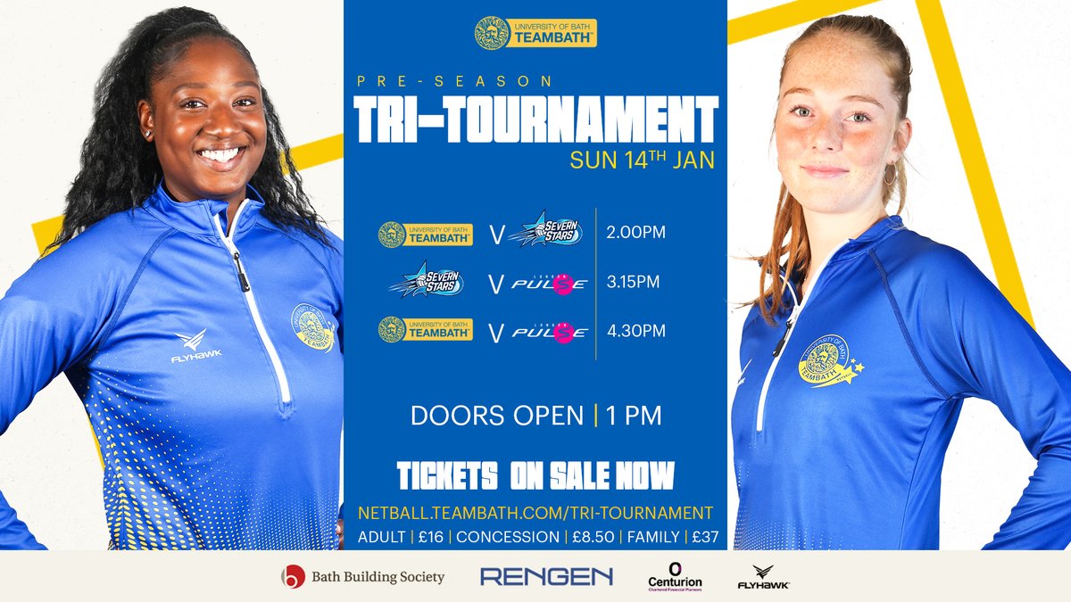 Team Bath Netball (@teambathnetball) on Twitter photo π No Trick, All Treat - The #Tri-Tournament is BACK π
On Sunday 14th January, #BlueAndGold will be joined by <a href="/Pulse_Netball/">London Pulse Netball</a> and <a href="/SevernStars/">Severn Stars NSL</a> for an epic #pre-season showdown for the Lyn Gunson Trophy π
Grab your tickets now:
ow.ly/hRJt50Q25Ba
#TrickOrTreat #Netball π No Trick, All Treat - The #Tri-Tournament is BACK π
On Sunday 14th January, #BlueAndGold will be joined by <a href="/Pulse_Netball/">London Pulse Netball</a> and <a href="/SevernStars/">Severn Stars NSL</a> for an epic #pre-season showdown for the Lyn Gunson Trophy π
Grab your tickets now:
ow.ly/hRJt50Q25Ba
#TrickOrTreat #Netball