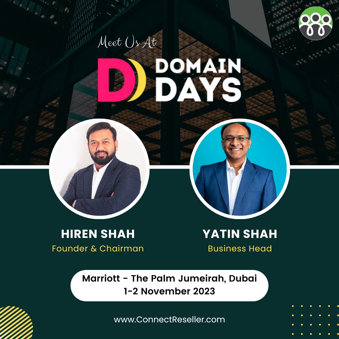 ConnectReseller's tweet image. A few hours to @domain_days
Join our visionary Founder and Chairman @hirenhshah &amp;amp; Business Head @yatinshah to discuss future of domains and strengthen our connections.
Set up a meeting calendly.com/yatin_shah
#DomainEvent #Networking #Innovation #ConnectReseller #DomainDaysDubai