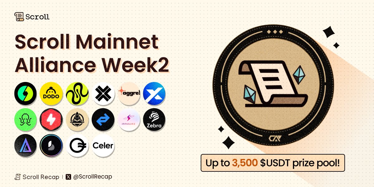 🥳 Be part of the Scroll Mainnet Alliance Week 2 & compete for a share of the 3500 $USDT prize pool! 1️⃣ Like & RT 2️⃣ Reply #Scroll 🎁 Join 👉 mirror.xyz/0xB95b2A048066… Get ready to win exclusive #CAPs! #Scroll #ScrollRecap