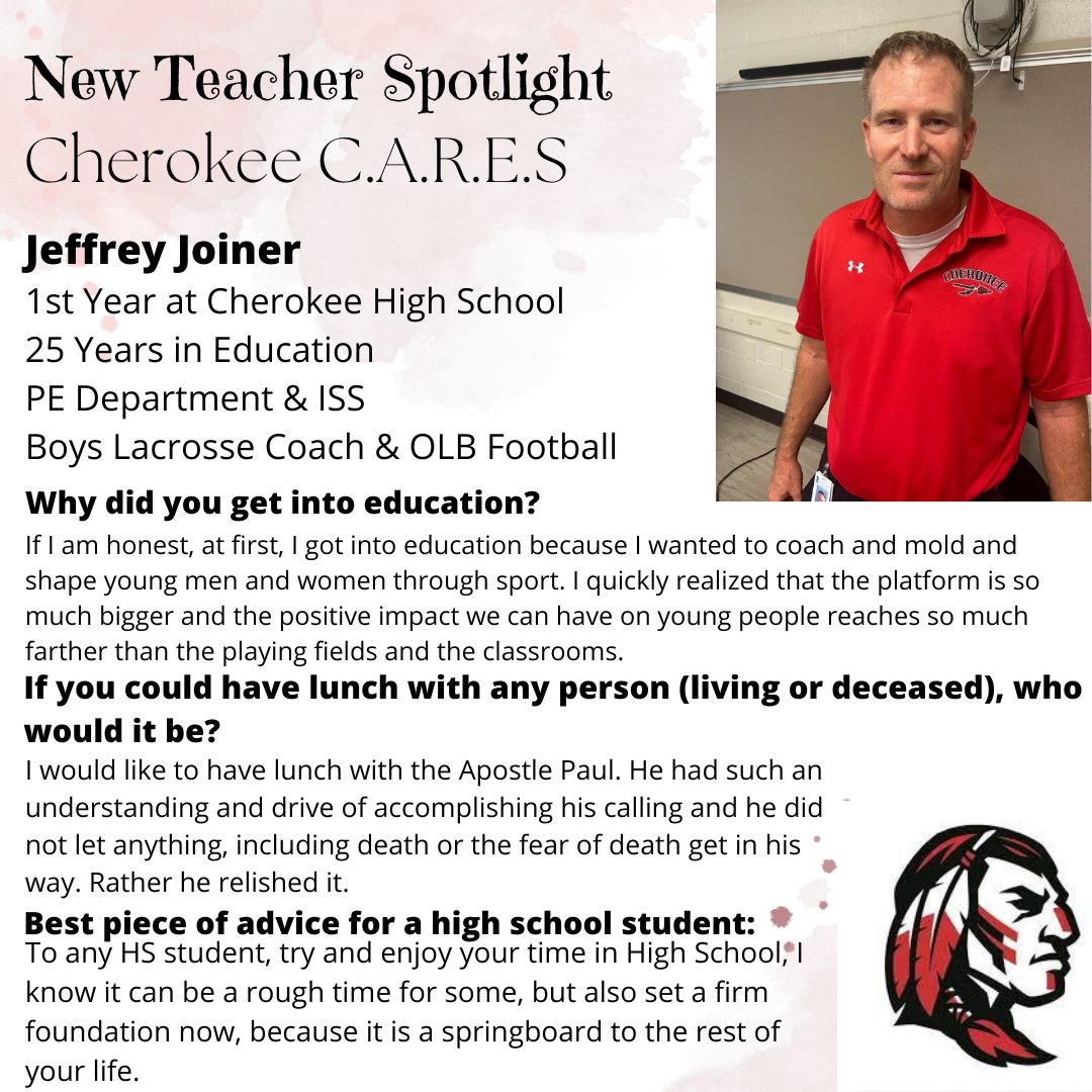 New Teacher Spotlight:  Jeffrey Joiner        
Coach Joiner is new to CHS but not to education. He teaches in the PE Department and is the new Varsity Boys Lacrosse Coach. Welcome to CHS!
<a href="/CHS_Warriors/">Cherokee HS Warriors</a> <a href="/CcsdCares/">CCSD C.A.R.E.S.</a> <a href="/WarriorsCHS/">CHS Warrior Football</a> <a href="/cherokeelax7/">Cherokee Boys Lacrosse</a>