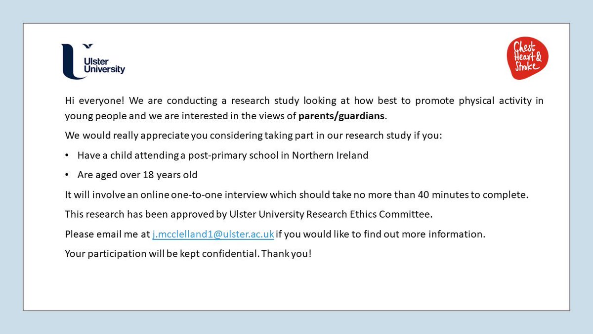Parents of post-primary school children in NI, we would like to hear from you! 📢 If you are interested in taking part in our ‘Youth-Physical Activity Towards Health Study’ please contact j.mcclelland1@ulster.ac.uk for more information. RTs welcome 😊