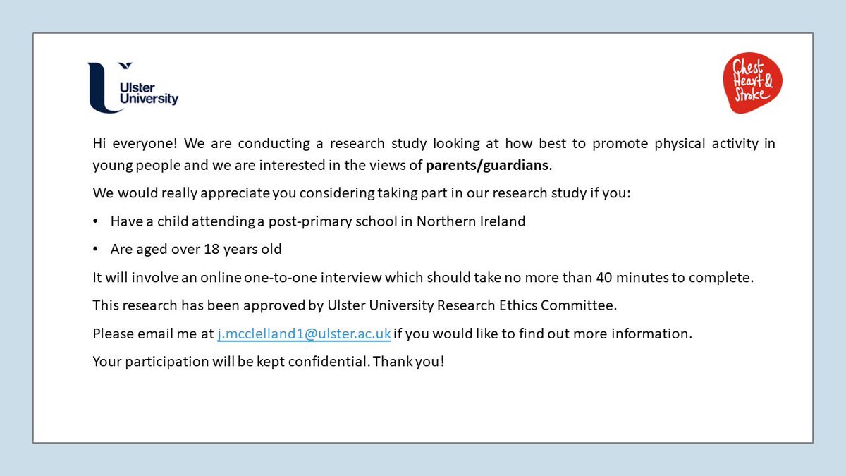 School of Sport & Exercise Science (@ulsterschsport) on Twitter photo Parents of post-primary school children in NI, we would like to hear from you! 📢
If you are interested in taking part in our ‘Youth-Physical Activity Towards Health Study’ please contact j.mcclelland1@ulster.ac.uk for more information.
RTs welcome 😊 Parents of post-primary school children in NI, we would like to hear from you! 📢
If you are interested in taking part in our ‘Youth-Physical Activity Towards Health Study’ please contact j.mcclelland1@ulster.ac.uk for more information.
RTs welcome 😊