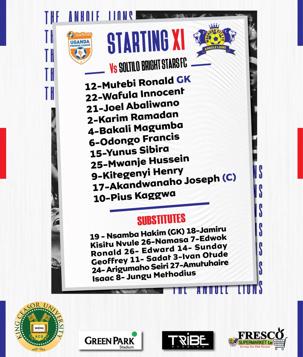 📰 TEAM NEWS

This is how the Lions line up to take on Soltilo Bright Stars in today's <a href="/UPL/">StarTimes Uganda Premier League</a> clash here at Kakyeka Stadium.
