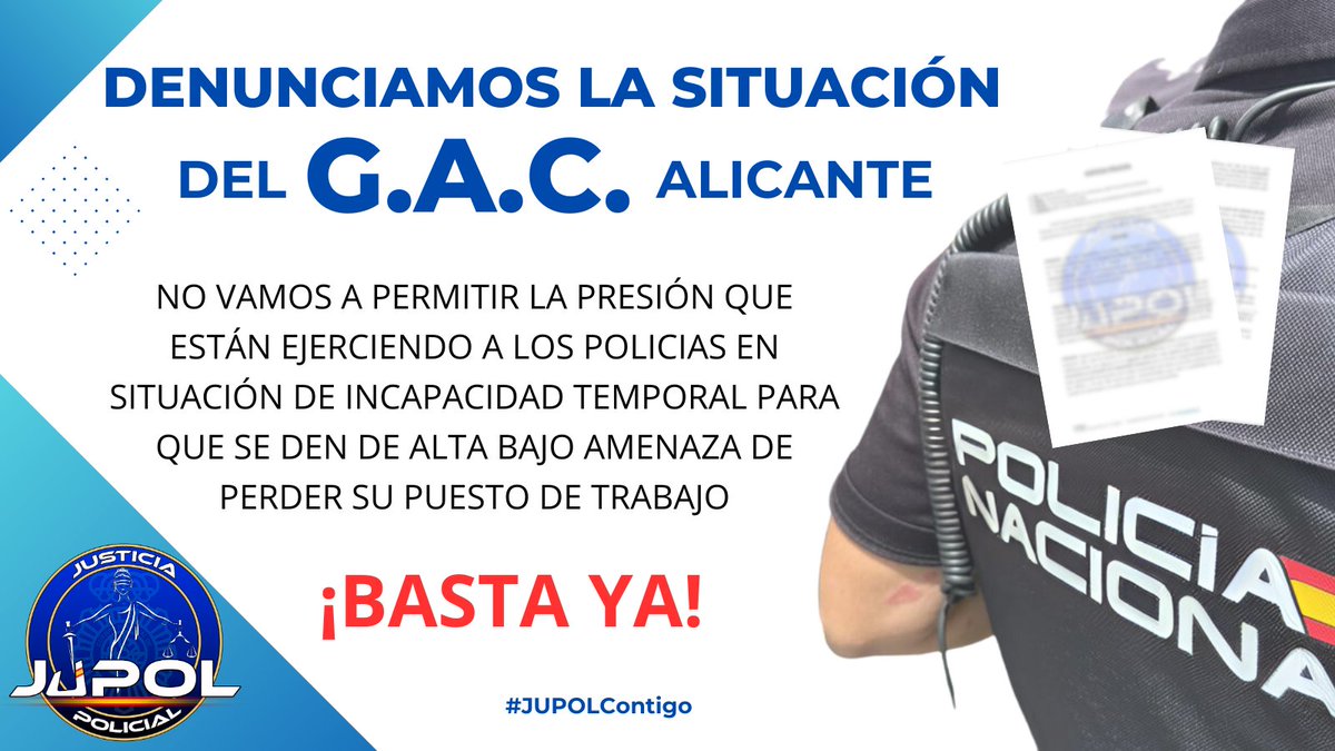 ⚠️ JUPOL denuncia la situación de los #Policías del #GAC en #Alicante

👉 MEDIDAS DE PRESIÓN para su reincorporación a los Policias en situación de IT

👉 LIMITACIONES Y RESTRICCIONES para el disfrute de permisos y vacaciones.

‼️BASTA YA‼️

#JUPOLContigo 
#EquiparacionYa
