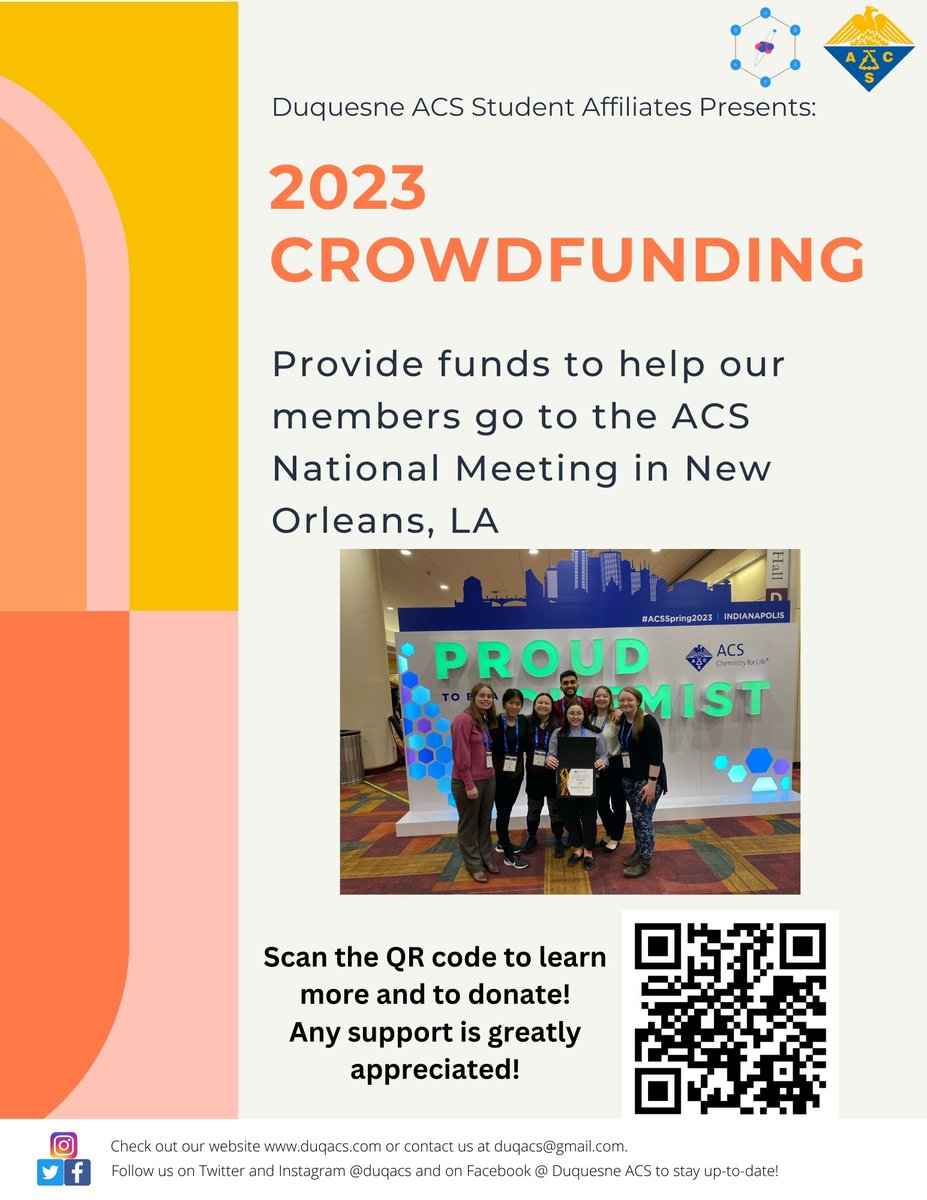 DuqACS's tweet photo. Our Crowdfunding page has officially launched! We are raising funds to support our members going to the 2024 ACS National Conference! Visit https://t.co/9SbinWvEqY for more information and to donate! Any support is greatly appreciated! #ACS #crowdfunding https://t.co/xX2P9hg6wG