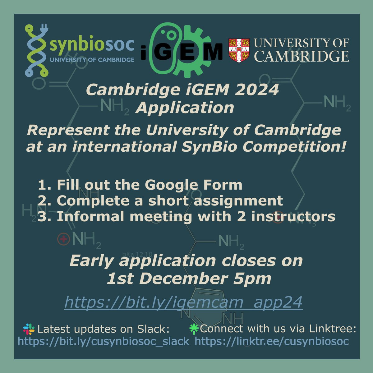 The application to the Cambridge iGEM 2024 (<a href="/iGEMcam/">Cambridge iGEM 2023</a>) is now opened! Join us to solve real life problems with SynBio Tools by joining the iGEM Competition (<a href="/iGEM/">iGEM Headquarters</a>). Early application closes on 1st Dec 5pm. If you have any questions, don't hesitate to contact us!