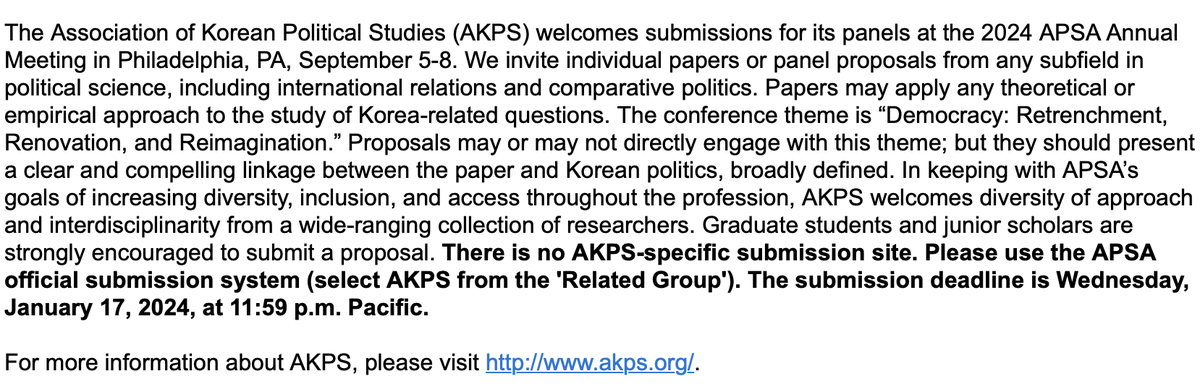 The CfP email is out. #AKPS panels at #APSA2024. Graduate students and junior scholars are strongly encouraged to participate.