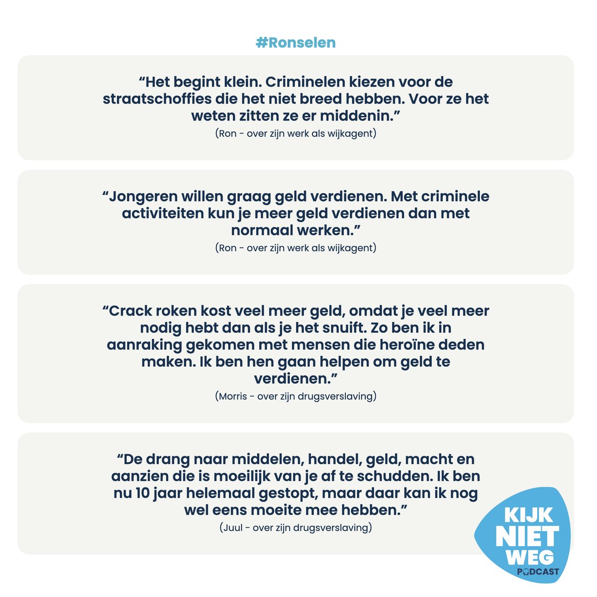 KijknietwegNL's tweet image. 4 uitspraken uit de podcast van Kijk Niet Weg. Voer het gesprek thuis aan de keukentafel, met vrienden op een feestje of met leerlingen in de klas over ronselen. 

Beluister de podcast via de bekende streamingsplatformen of kijknietweg.eu/podcast
#gesprek #kijknietweg #ronselen