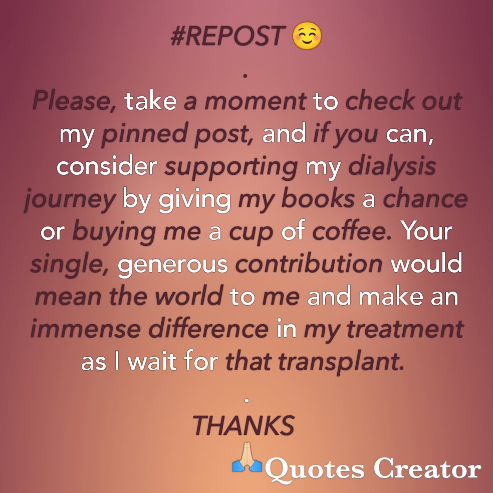 No-one has ever became poor by helping... Support My Dialysis Journey... Goals: - $350 Support here: ❤️ buymeacoffee.com/helptristian ❤️ Ko-fi.com/helptristian ❤️ PayPal.me/helptristian Discover my books: ❤️ amazon.com/stores/W.-Salv… Thank You...🙏🏻❤️ Jxbdjfid @mstone1104