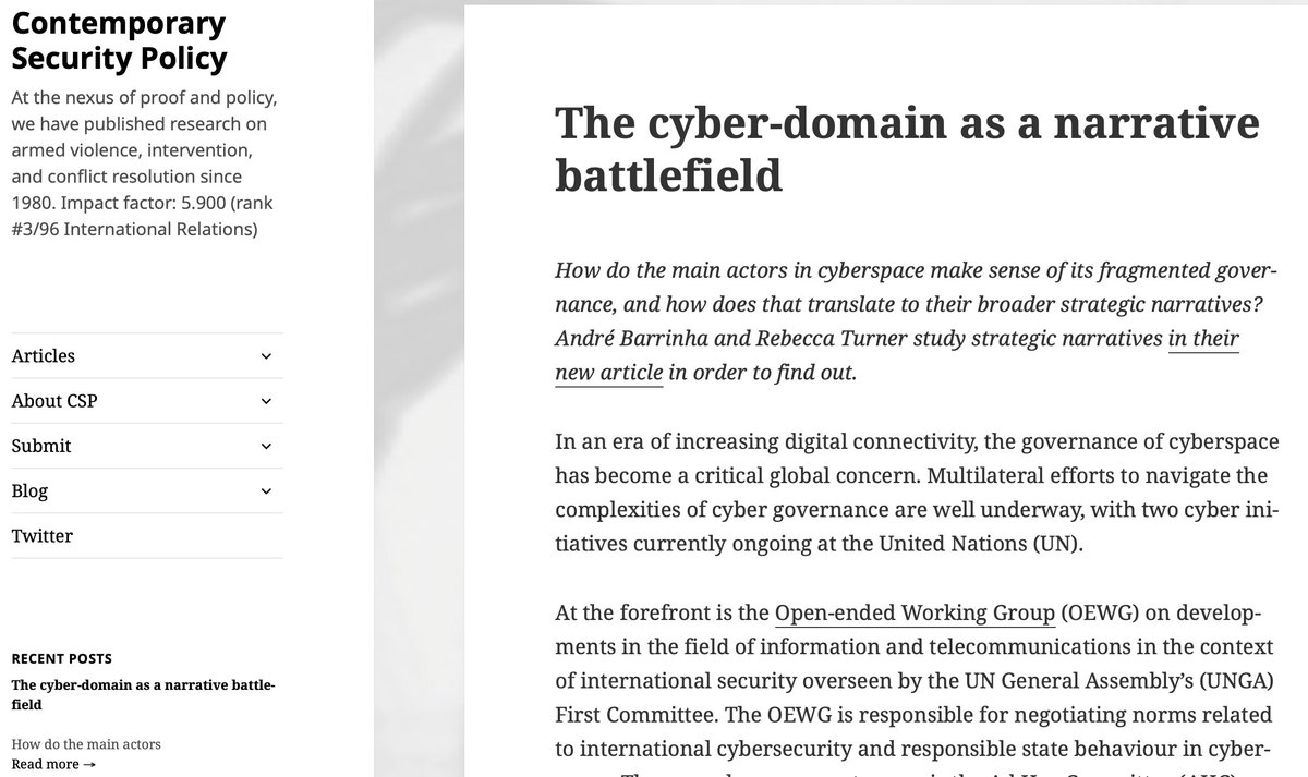 CSP Journal (@csp_journal) on Twitter photo 📰 new blog entry
How do the main actors in cyberspace make sense of its fragmented governance? How does this translate to their broader strategic narratives?
<a href="/a_barrinha/">Andre Barrinha</a> & <a href="/_RTurner_/">Rebecca Turner (𝘴𝘩𝘦/𝘩𝘦𝘳)</a> write about their study of strategic narratives here👉contemporarysecuritypolicy.org 📰 new blog entry
How do the main actors in cyberspace make sense of its fragmented governance? How does this translate to their broader strategic narratives?
<a href="/a_barrinha/">Andre Barrinha</a> & <a href="/_RTurner_/">Rebecca Turner (𝘴𝘩𝘦/𝘩𝘦𝘳)</a> write about their study of strategic narratives here👉contemporarysecuritypolicy.org