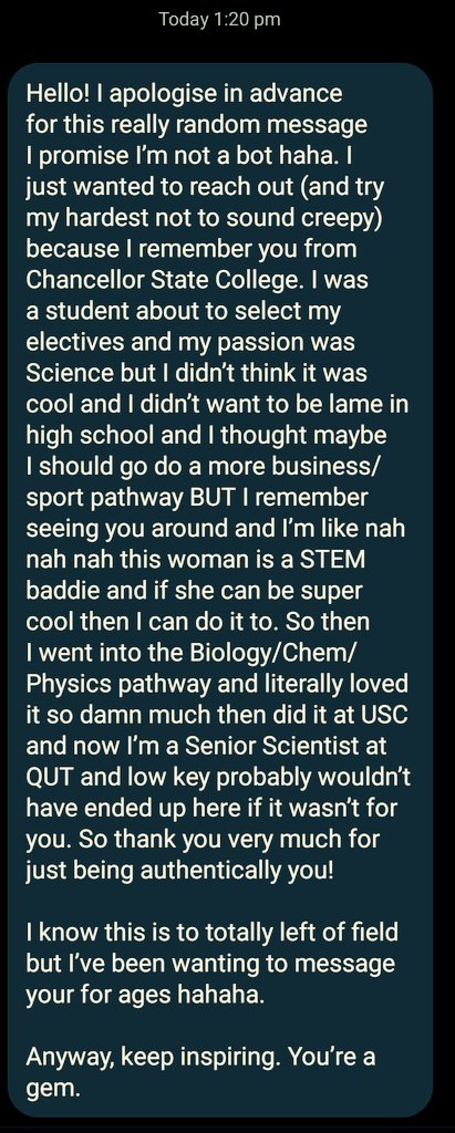 Alise Fox (@hi_im_alise) on Twitter photo I got this message today! I'm gonna keep it forever! I'm sharing in the hopes that it might encourage you to reach out and write a letter like this to your own inspiring person. It's not creepy, it's a zillion per cent energising. This made my year. I'm a STEM baddie! 🥹 I got this message today! I'm gonna keep it forever! I'm sharing in the hopes that it might encourage you to reach out and write a letter like this to your own inspiring person. It's not creepy, it's a zillion per cent energising. This made my year. I'm a STEM baddie! 🥹