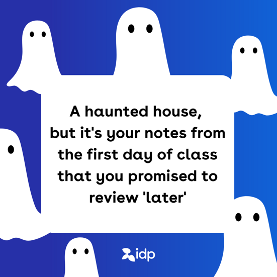 This semester's haunted house of studying – can you relate? 🎃 

Share your spookiest study moments with us! 👻

Happy Haunting 🕸️

#education #studyabroad #idpuae #internationalstudent #Halloween #Halloween2023 #idpeducation #halloweenfun