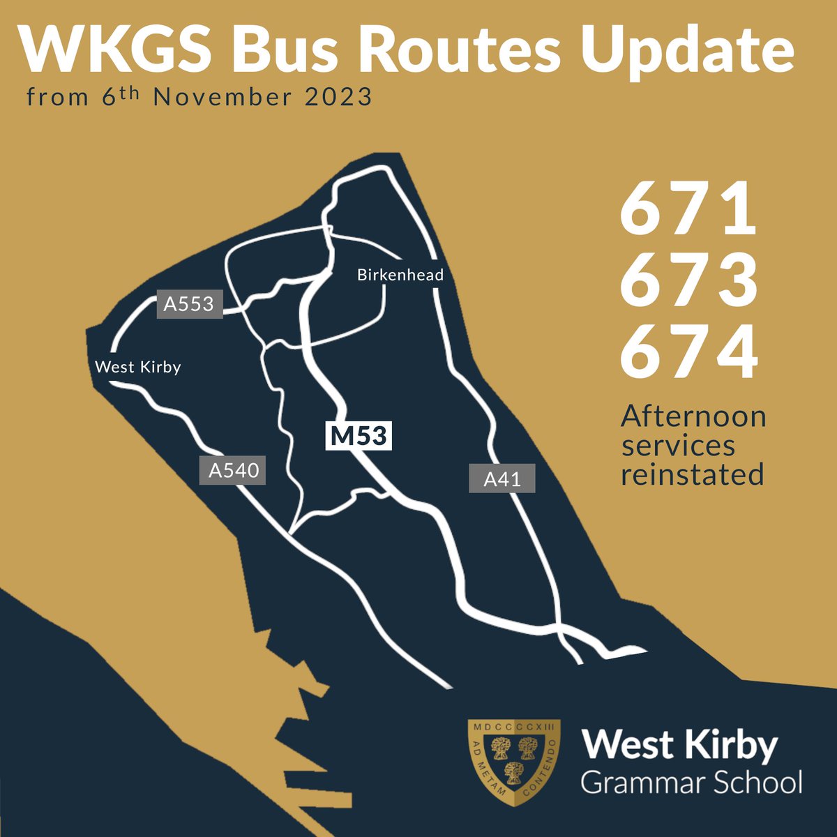 We are delighted to confirm that Merseytravel have agreed to reinstate the afternoon 671, 673 and 674 bus services to WKGS.

Updated timetables: 

wkgs.org/files/uploads/…