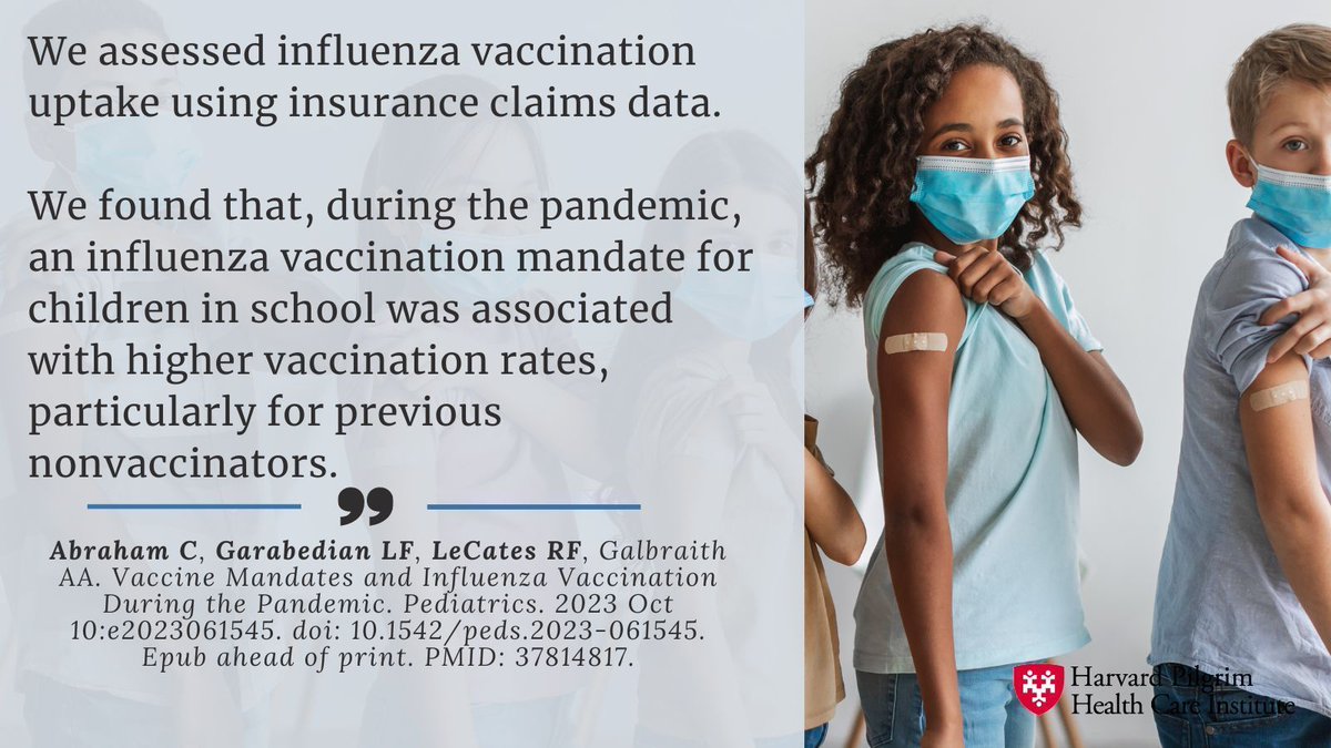 2 events from 2020 may have had an impact on flu #vaccination rates: state mandates & #COVID19. A team led by former @DeptPopMed research fellow Claire Abraham took a closer look. Online now, in @AmeriAcadPeds #Pediatrics, w/visual abstract: buff.ly/45Tv8WM