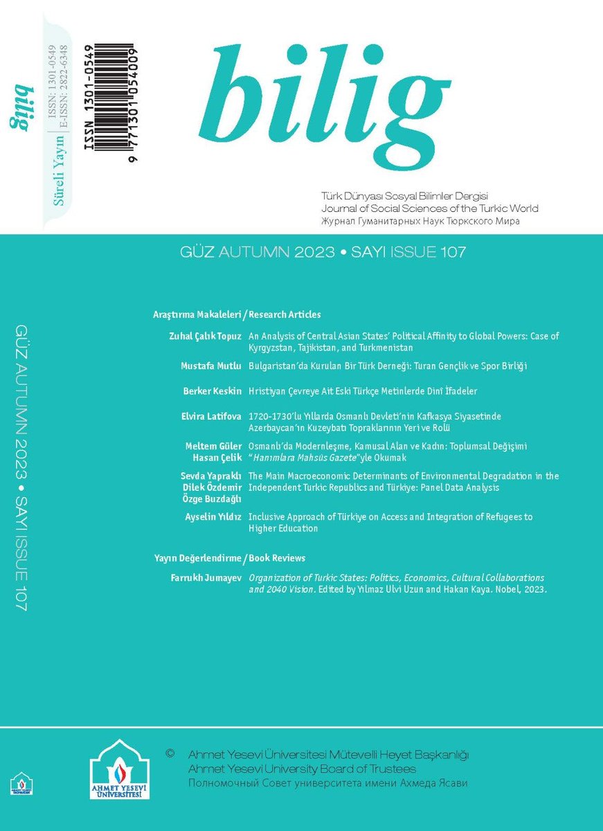 bilig’in yeni sayısını istifadenize sunmaktan mutluluk duymaktayız. 
Türkiye Yüzyılı vizyonuyla girdiğimiz yeni asrın, Türk dünyası ile birlikte eğitim ve bilim, kalkınma ve bütünleşme yüzyılı olması temennisiyle iyi okumalar dileriz.
bilig.yesevi.edu.tr