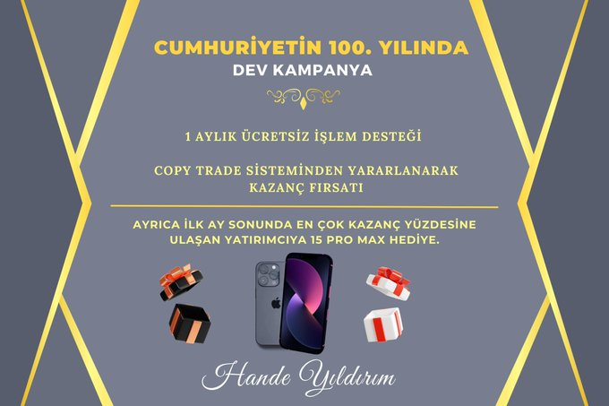 Cumhuriyetimizin yeni yüzyılına yakışır kampanya ile kutlamaya katılalım 
 
Kasım ayı sonunda en yüksek kar marjına ulaşan yatırımcıma iphone 15 pro max hediye ediyorum 
 
Katılım ve bilgi için DM 📨

#CUMHURIYETİMİZ100Yaşında #CumhuriyetinYüzüBiziz #forex #borsa