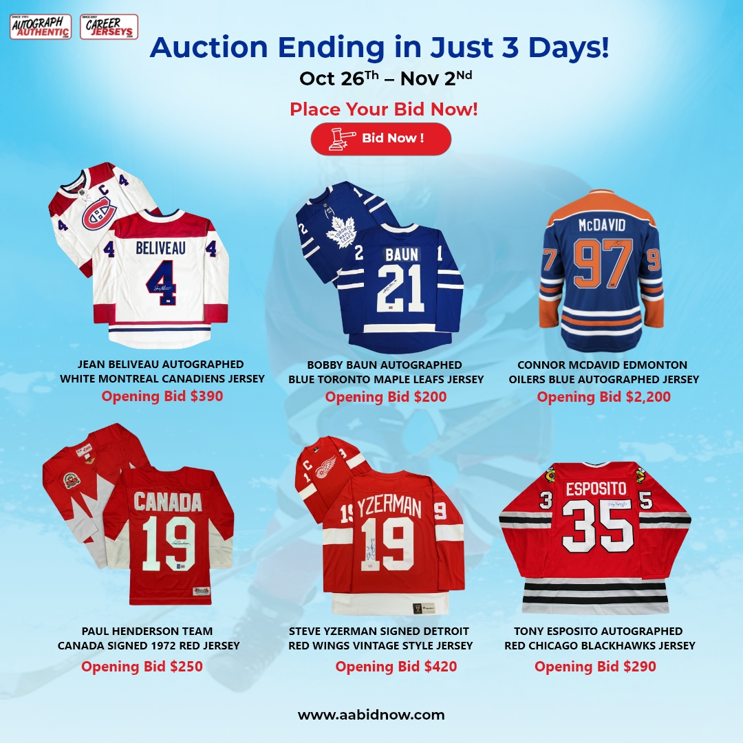 AutographAthntc's tweet image. 🔥 Only 3 days left!
Place Your Bid Now at : aabidnow.com
Our jersey auction runs till Nov 2nd, featuring legendary autographs like Beliveau , Yzerman, McDavid &amp;amp; More. Place your bid now and own a piece of hockey history! 🏒
#AuctionCountdown #SportsMemorabilia