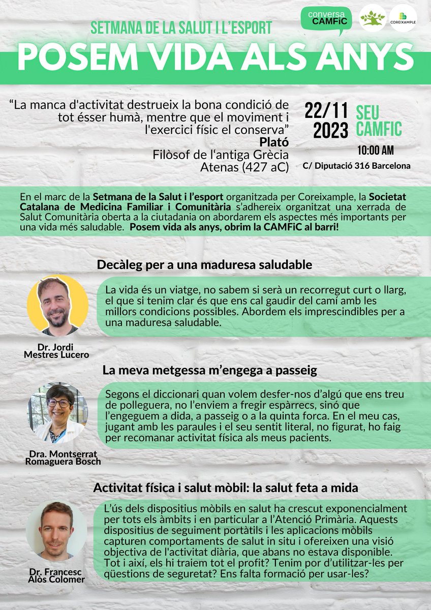 CAMFiC's tweet image. 💚Col·laborem amb la 7a #setmanadelasalut de @CorEixample. El 22 de novembre, els Drs. @DrJordiMestres, Montserrat Romaguera i @francesc_alos faran una xerrada de Salut Comunitària centrada en la gent gran i oberta al barri! 
Descobreix de què parlem 👇 
#salut #activitatfísica