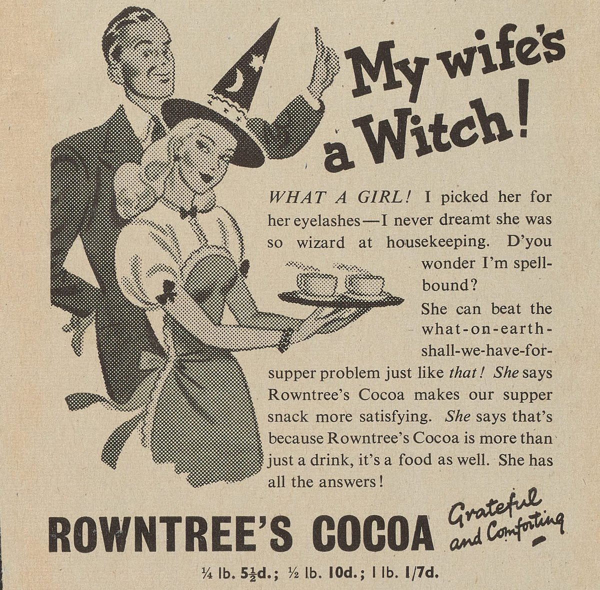 Thankfully this advert is over 70 years old now - but we wouldn't mind Cocoa Suppers making a comeback! #rowntree #halloween #cocoa