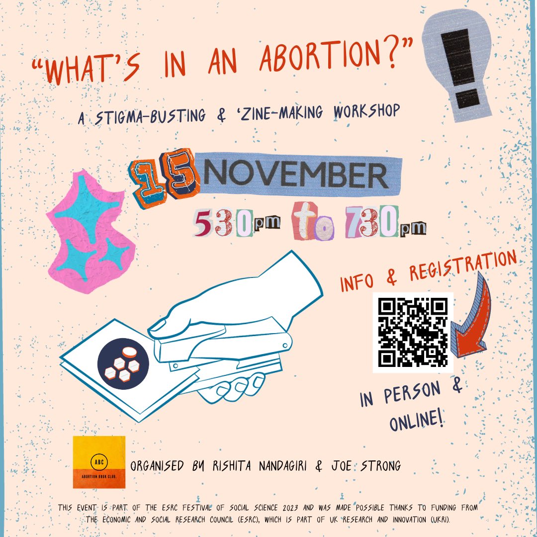 We’ve spent 3 years reading #abortion fiction & exploring depictions of abortion - people, procedures, pills […]

Come to our (in person+online) event, part of @ESRC #FestivalOfSocialScience, chat abortions, & produce a collective, stigma-busting ‘zine. 
tickettailor.com/events/kingsco…?